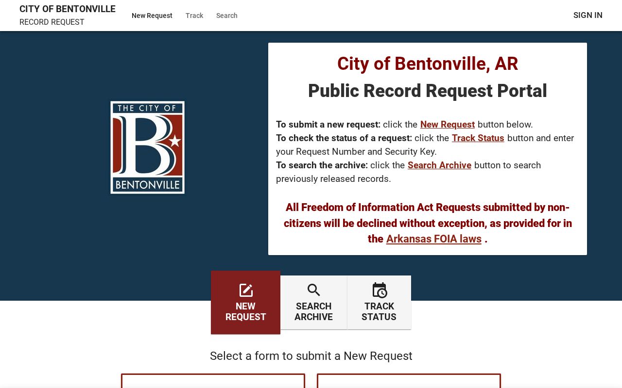 Bentonville public records JustFOIA request portal